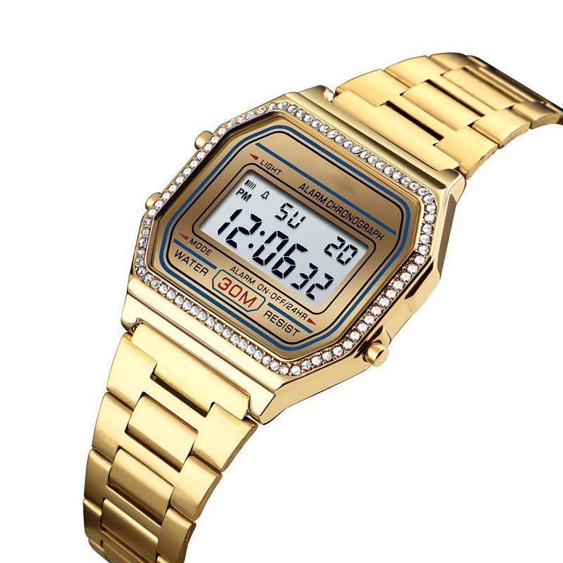 PASOY Men's Digital Gold Stainless Steel Watch Backlit Multifunction Stopwatch Waterproof Sport Watches (Gold with Crystal Bezel) - Image 1