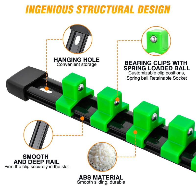 GOOACC Socket Organizer ABS Socket Holder Set 1/4" 3/8" 1/2" Drive Socket Rail Holders Stores up 129 Clips Impact Sockets Organizers Rails for Tool Box Drawer, 9 Piece Green - Image 3
