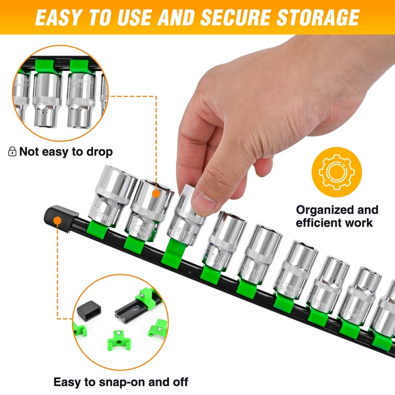 GOOACC Socket Organizer ABS Socket Holder Set 1/4" 3/8" 1/2" Drive Socket Rail Holders Stores up 129 Clips Impact Sockets Organizers Rails for Tool Box Drawer, 9 Piece Green - Image 5