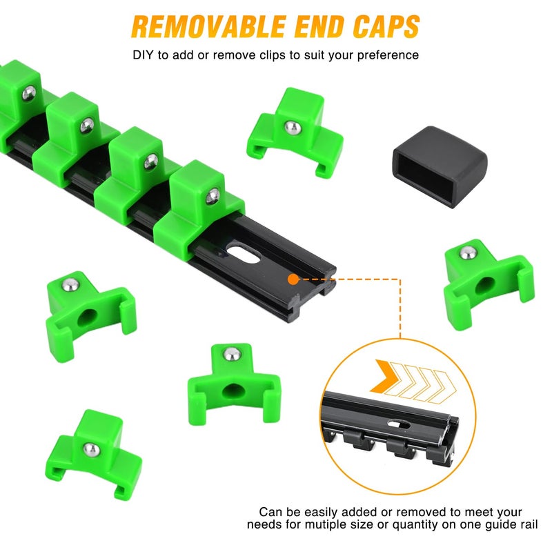GOOACC Socket Organizer ABS Socket Holder Set 1/4" 3/8" 1/2" Drive Socket Rail Holders Stores up 129 Clips Impact Sockets Organizers Rails for Tool Box Drawer, 9 Piece Green - Image 4
