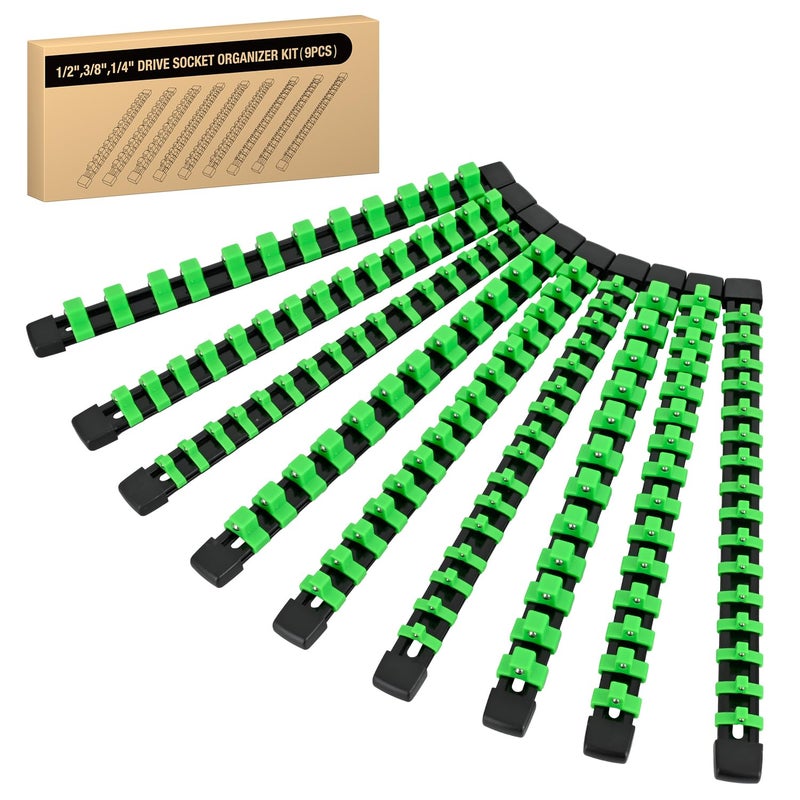 GOOACC Socket Organizer ABS Socket Holder Set 1/4" 3/8" 1/2" Drive Socket Rail Holders Stores up 129 Clips Impact Sockets Organizers Rails for Tool Box Drawer, 9 Piece Green - Image 1