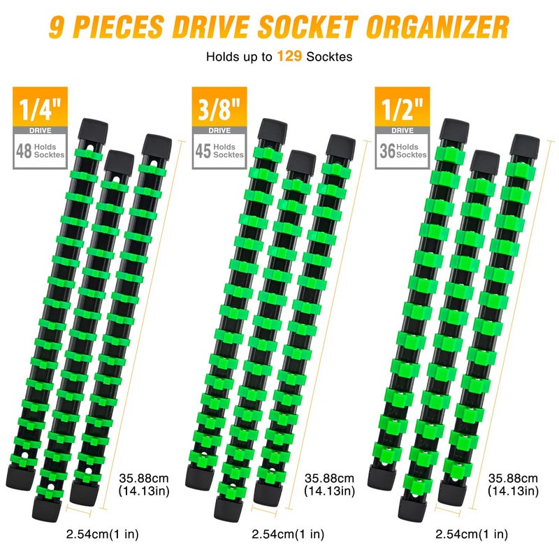 GOOACC Socket Organizer ABS Socket Holder Set 1/4" 3/8" 1/2" Drive Socket Rail Holders Stores up 129 Clips Impact Sockets Organizers Rails for Tool Box Drawer, 9 Piece Green - Image 2