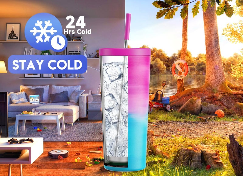 Meoky 24 oz Insulated Tumbler with Lid and Straw, Stainless Steel Vacuum Insulated Tumbler, Keeps Cold for 24 Hours, 100% Leak Proof, Fits in Car Cup Holder (Marshmallow) - Image 2