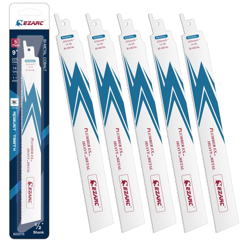 EZARC Reciprocating Saw Blade Bi-Metal Cobalt Sabre Saw Blades for Heavy Metal Cutting 9-Inch 14TPI R926PM+ (5-Pack) - Image 1