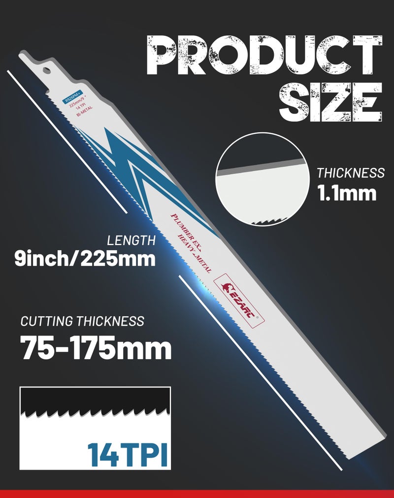 EZARC Reciprocating Saw Blade Bi-Metal Cobalt Sabre Saw Blades for Heavy Metal Cutting 9-Inch 14TPI R926PM+ (5-Pack) - Image 3