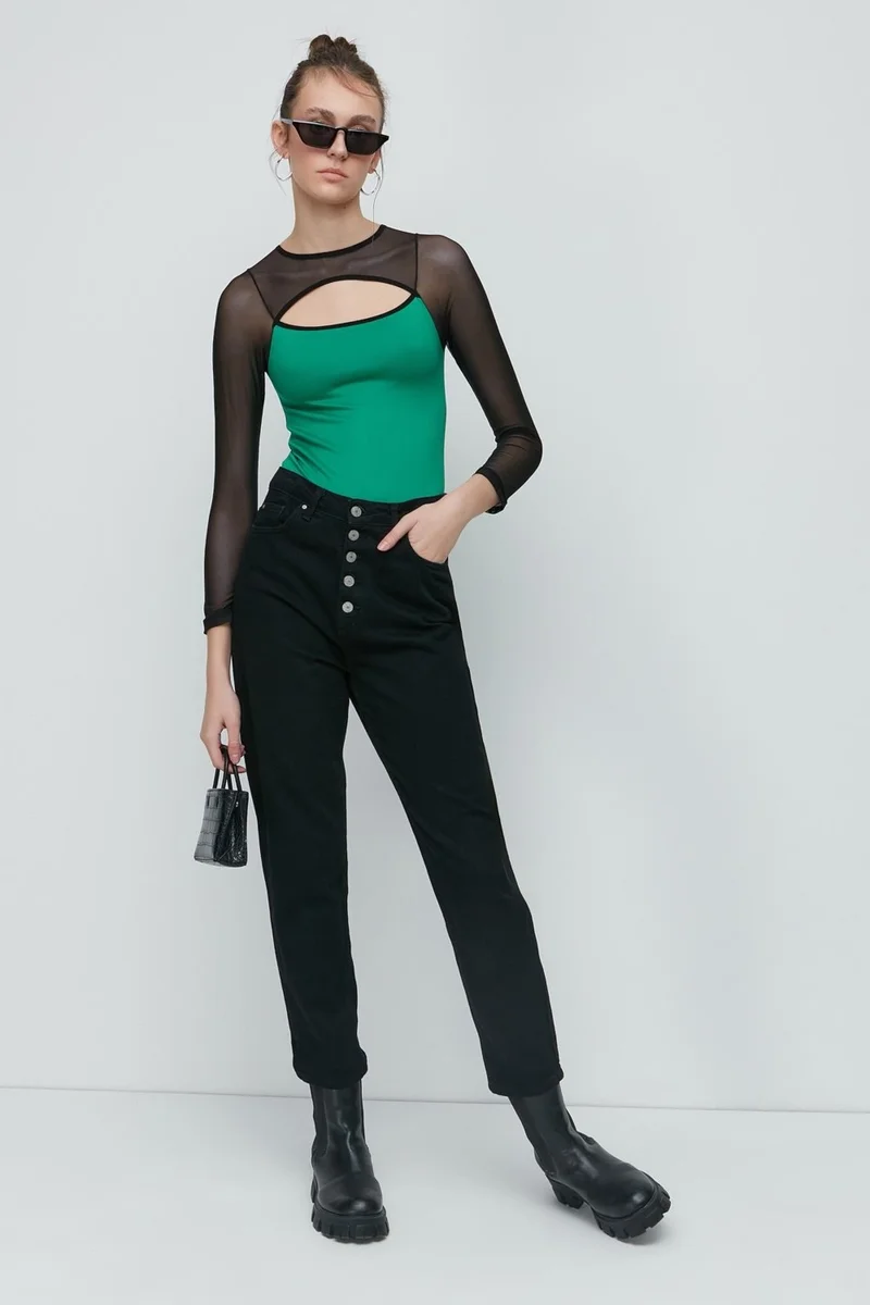 C&city Tulle Detail Long Sleeve Bodysuit 9153 Green