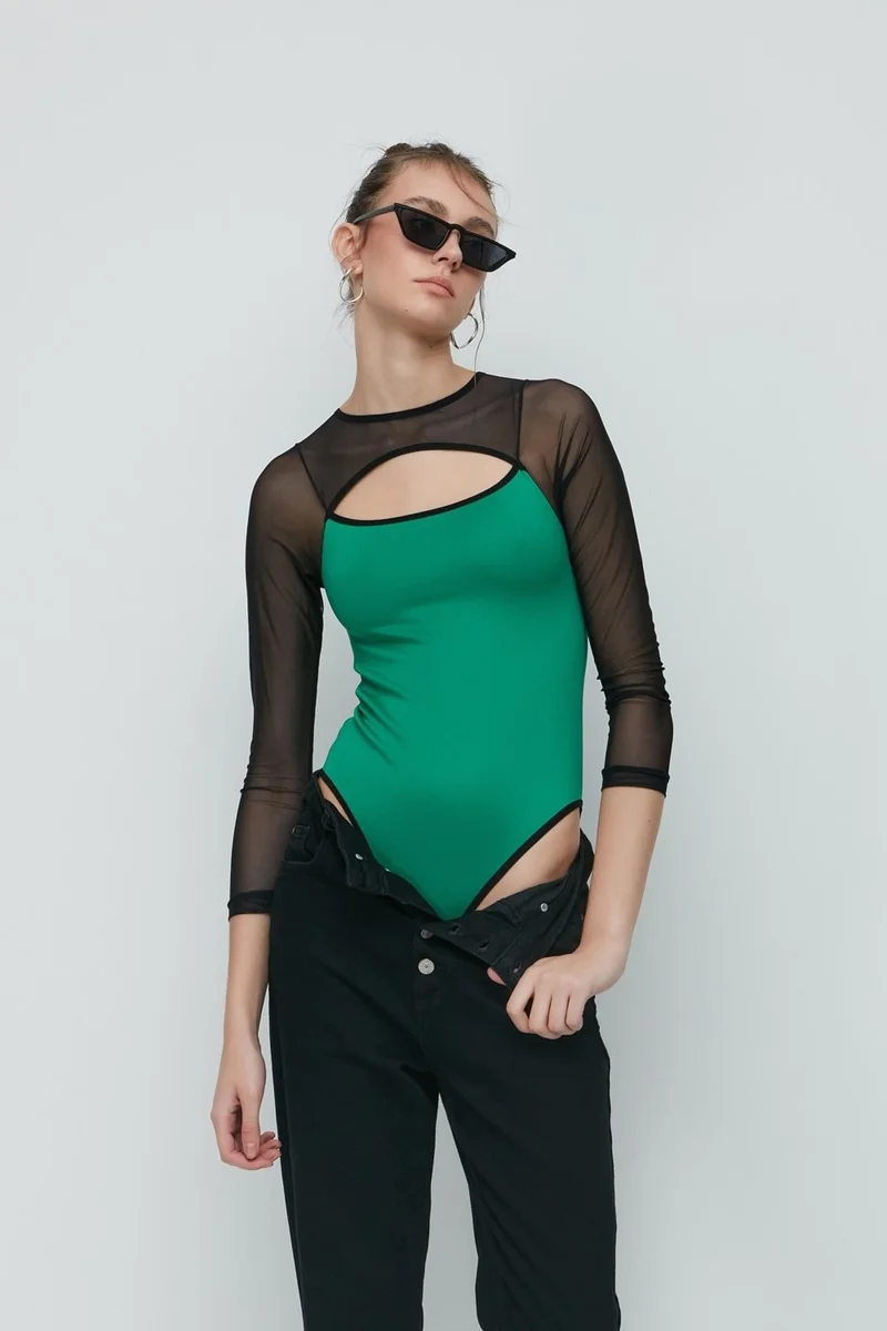 C&city Tulle Detail Long Sleeve Bodysuit 9153 Green