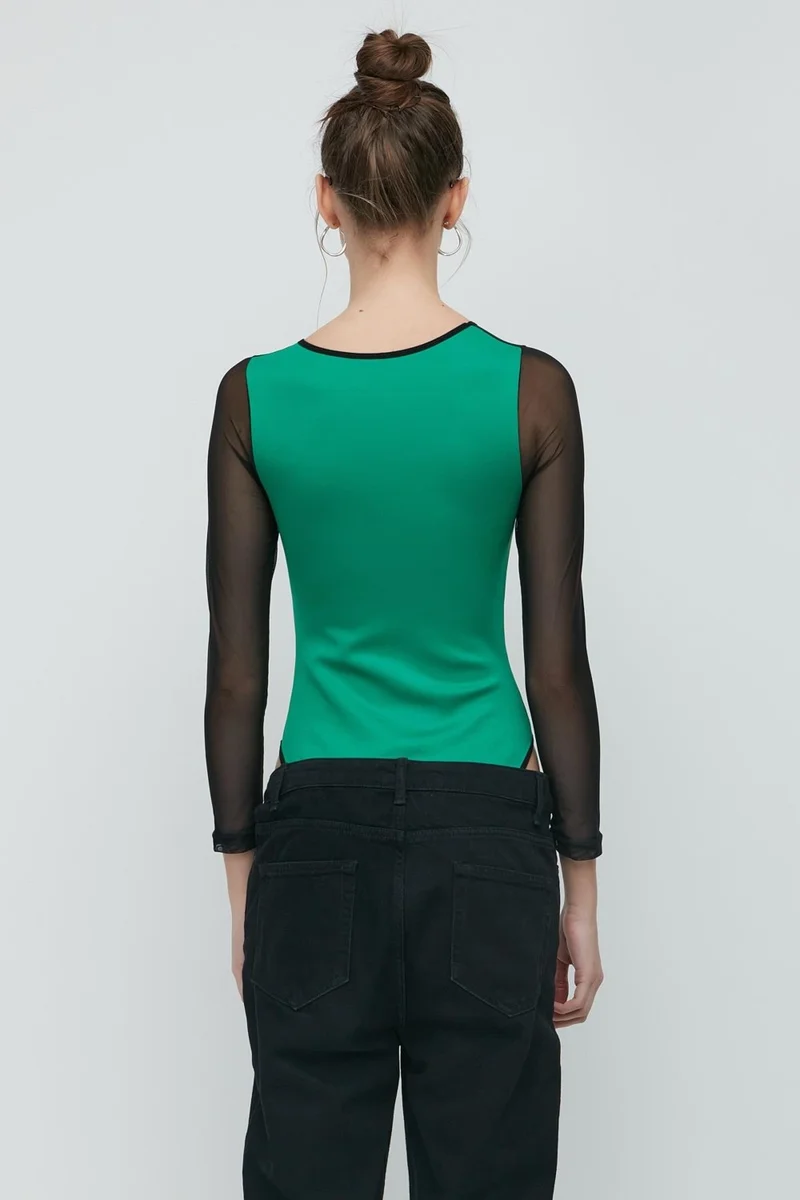 C&city Tulle Detail Long Sleeve Bodysuit 9153 Green