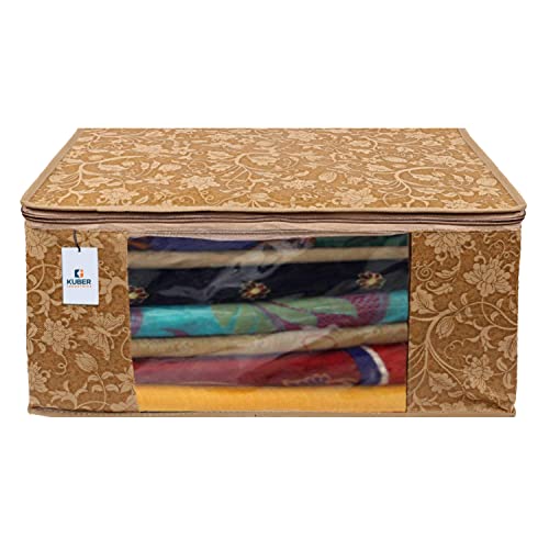 Kuber Industries Foldable saree covers with Zip|Non Woven Clothes Organiser for wardrobe |Metalic Print With Transparent Window|Suitable for Lehenga, Suit, Dress|Pack Of 3 (Brown) - Image 3