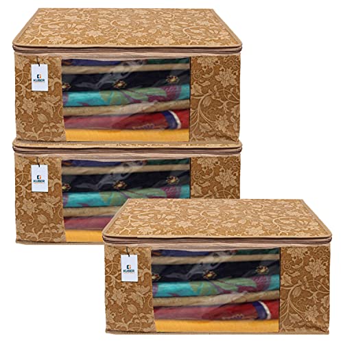 Kuber Industries Foldable saree covers with Zip|Non Woven Clothes Organiser for wardrobe |Metalic Print With Transparent Window|Suitable for Lehenga, Suit, Dress|Pack Of 3 (Brown) - Image 1