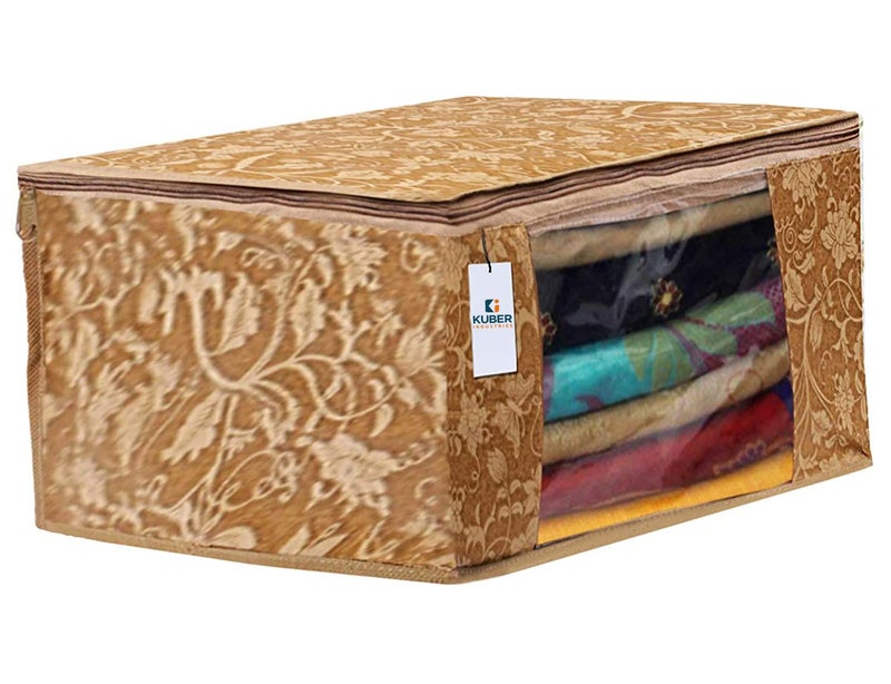 Kuber Industries Foldable saree covers with Zip|Non Woven Clothes Organiser for wardrobe |Metalic Print With Transparent Window|Suitable for Lehenga, Suit, Dress|Pack Of 3 (Brown) - Image 2
