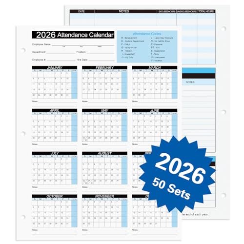 FENTASY 2026 Attendance Calendar Work Tracker Attendance Calendar Cards - 8.5 X 11 Cardstock/Pack of 50 Sheets - Image 1