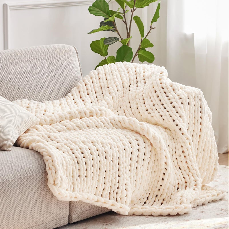 Negwoo Chunky Knit Throw Blanket, 50''*60'' Knitted Throw Chenille Yarn for Bed Couch, Handmade Cream Crochet Big Thick Blanket, Machine Washable Cute Comfy Blanket for Home Decor - Image 2