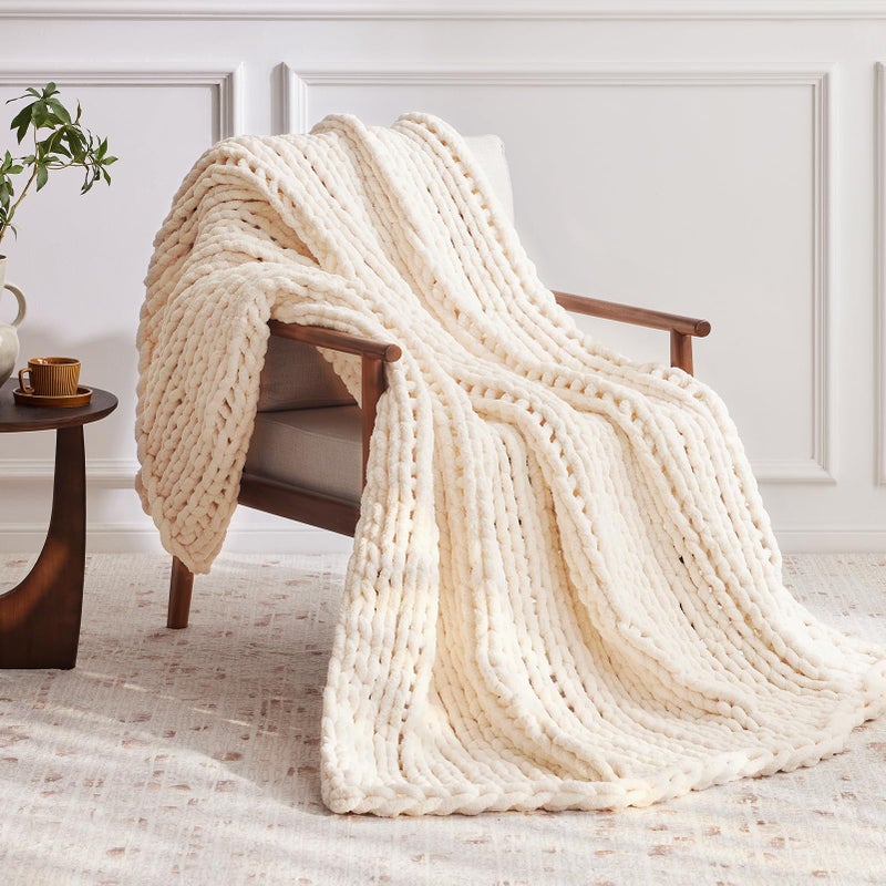 Negwoo Chunky Knit Throw Blanket, 50''*60'' Knitted Throw Chenille Yarn for Bed Couch, Handmade Cream Crochet Big Thick Blanket, Machine Washable Cute Comfy Blanket for Home Decor - Image 4