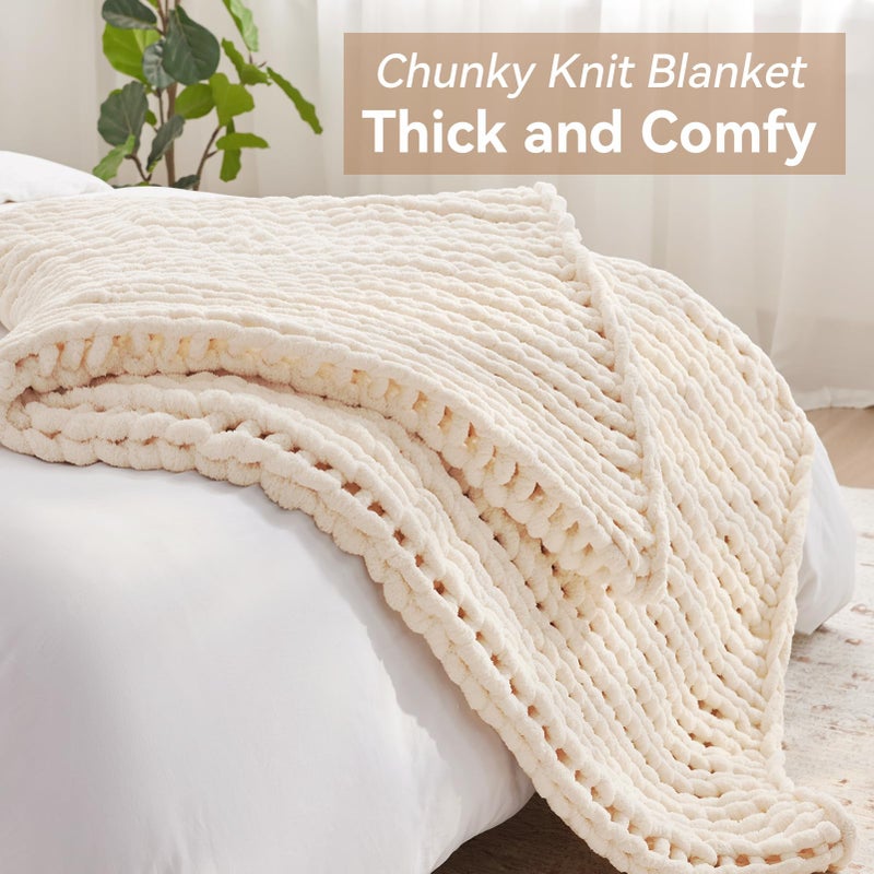 Negwoo Chunky Knit Throw Blanket, 50''*60'' Knitted Throw Chenille Yarn for Bed Couch, Handmade Cream Crochet Big Thick Blanket, Machine Washable Cute Comfy Blanket for Home Decor - Image 3