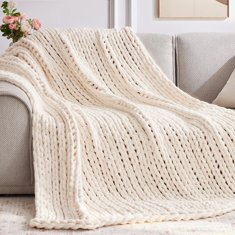 Negwoo Chunky Knit Throw Blanket, 50''*60'' Knitted Throw Chenille Yarn for Bed Couch, Handmade Cream Crochet Big Thick Blanket, Machine Washable Cute Comfy Blanket for Home Decor - Image 5