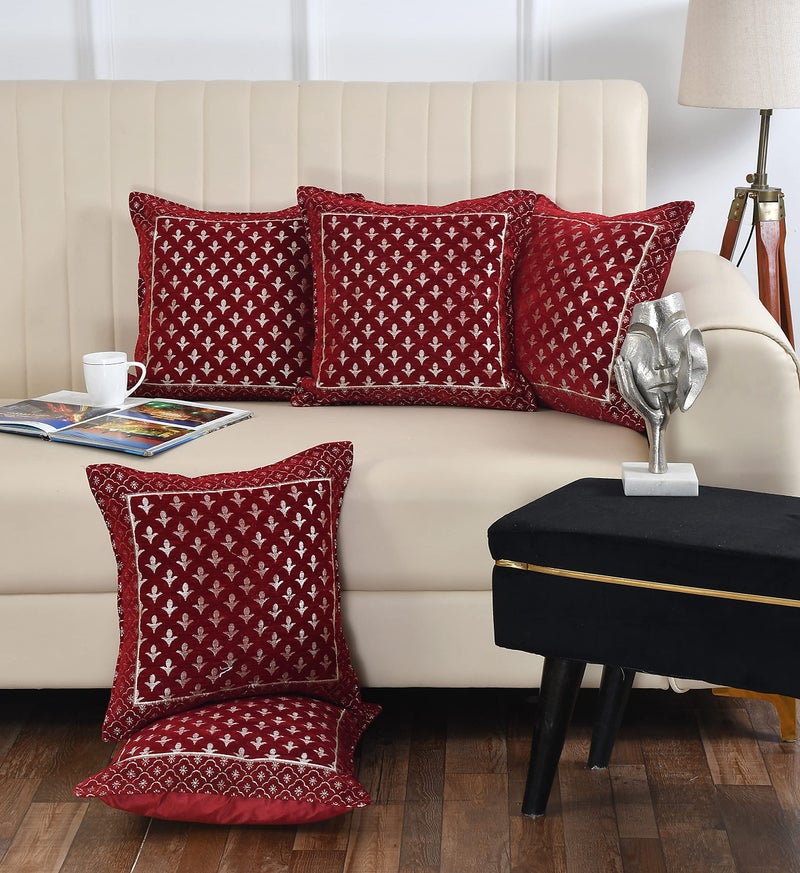 FRESH FROM LOOM 500 Tc Jacquard Soft Velvet Cushion Covers | Hypo-Allergenic | Washable | Non-Fade Diwan Sofa Pillow Covers for Home (Size - 16 X16 Inch, Color - Maroon) - Set of 5pc, 240 Tc - Image 1
