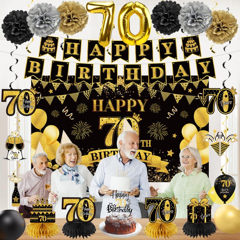 Eucutur 42PCS 70th Birthday Decoration Kit for Men Women, Black Gold Happy 70th Bday Banner Balloons Honeycomb Centerpiece Swirl Paper Pompoms Party Supplies, 70 Bday Sash Table Cake Topper Swirls Set - Image 5