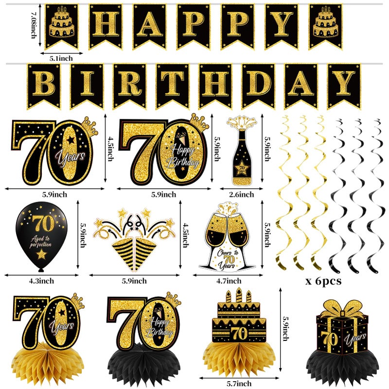 Eucutur 42PCS 70th Birthday Decoration Kit for Men Women, Black Gold Happy 70th Bday Banner Balloons Honeycomb Centerpiece Swirl Paper Pompoms Party Supplies, 70 Bday Sash Table Cake Topper Swirls Set - Image 2