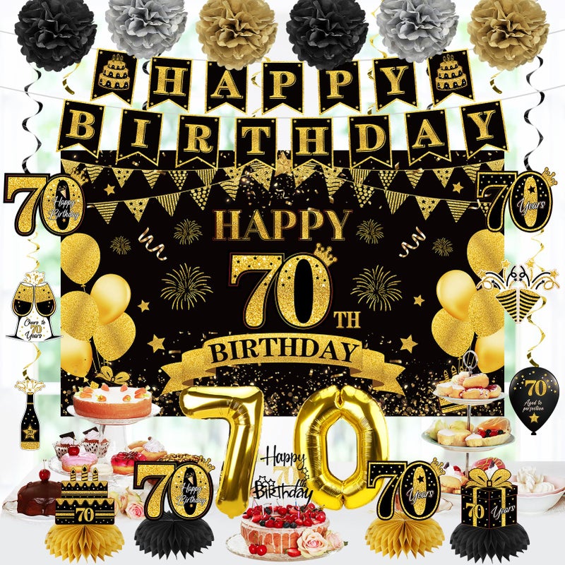 Eucutur 42PCS 70th Birthday Decoration Kit for Men Women, Black Gold Happy 70th Bday Banner Balloons Honeycomb Centerpiece Swirl Paper Pompoms Party Supplies, 70 Bday Sash Table Cake Topper Swirls Set - Image 4