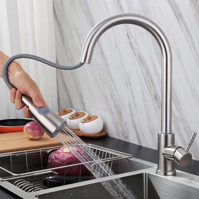 Olpad Kitchen Faucets Brushed Nickel Faucet Single Hole Pull Out Spout 360 Degree Rotating Sprayer Head and Cold Tap Stainless Steel Kitchen Telescopic hot and Cold Water Faucet 1 Pcs - Image 4