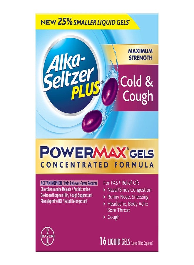 Alka-Seltzer Alka Seltzer Plus Maximum Strength PowerMax Cold and Cough Medicine,Liquid Gels for adults with Pain Reliever, Fever Reducer, Cough Suppressant and Nasal Decongestant, 16 count - Image 1