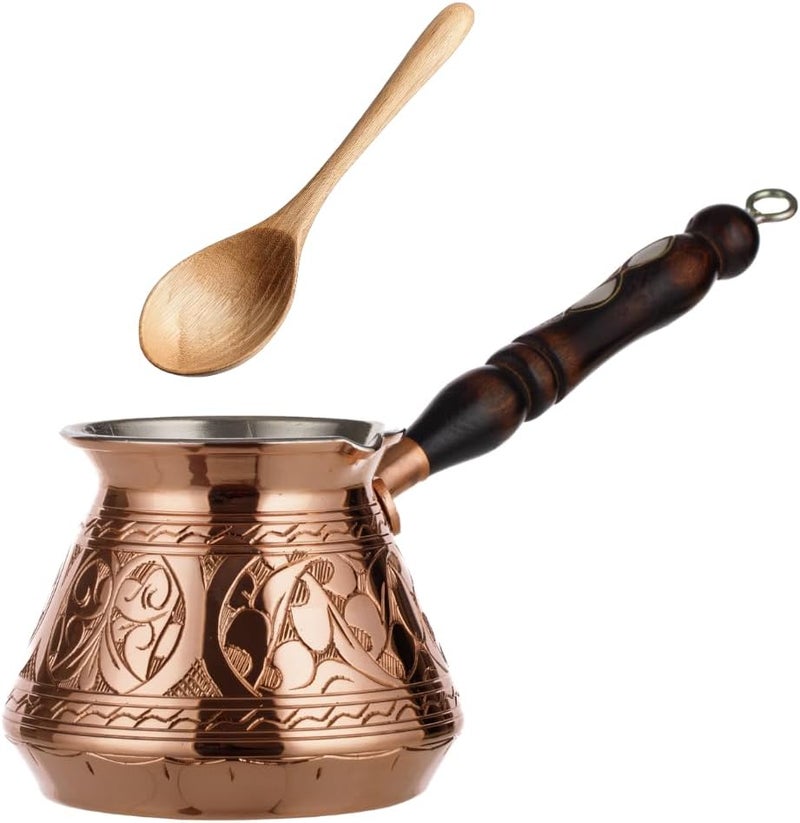 DEMMEX 2019-270ml Thick 2mm Copper Turkish Greek Arabic Engraved Coffee Pot Stovetop Coffee Maker Cezve Ibrik Briki with Wooden Handle & Wooden Pot Spoon, for 3 People (Copper) - Image 1