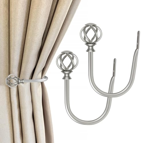 USFOOK 2 Pack Curtain Holdbacks Decorative Window Drapery Tiebacks 2 Pack1 Pair Curtain Tie Back Hooks for Wall with Antique Silver Twisted Cage Finials 345 L x 535 W - Image 1