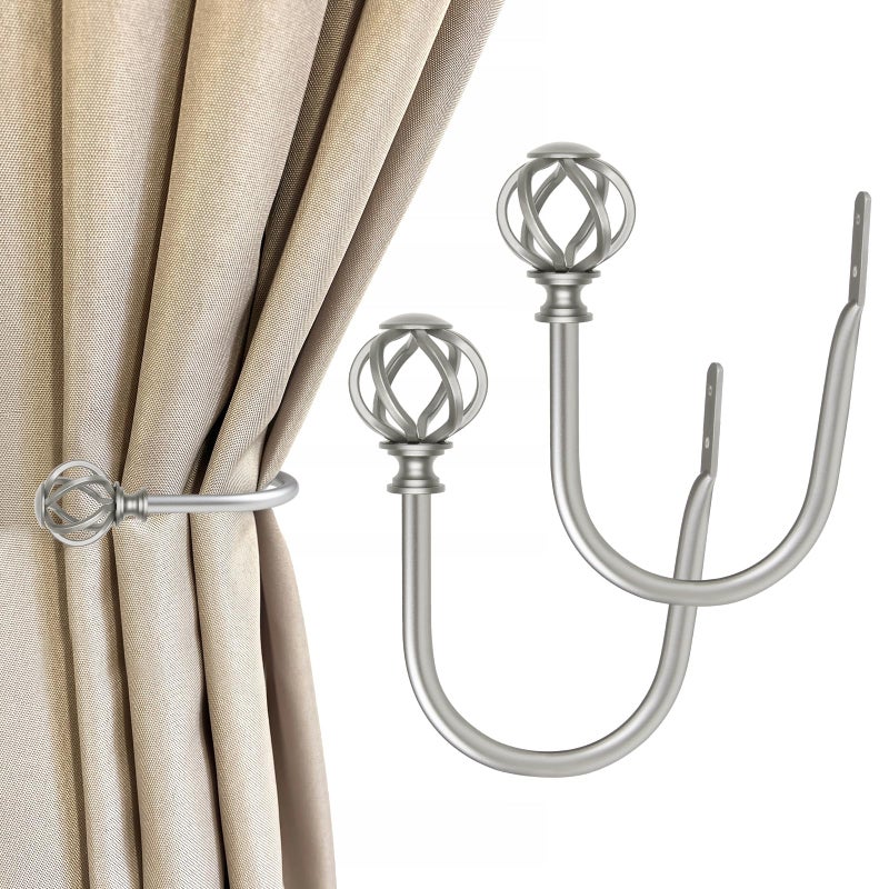 USFOOK 2 Pack Curtain Holdbacks Decorative Window Drapery Tiebacks 2 Pack1 Pair Curtain Tie Back Hooks for Wall with Antique Silver Twisted Cage Finials 345 L x 535 W - Image 2