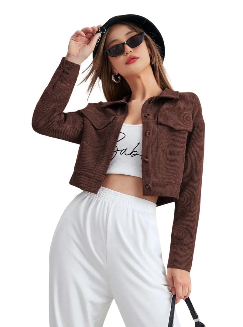 SMOWKLY Women’s Cotton Blend Cropped Jacket with Two Pockets (IN, Alpha, L, Regular, Brown) - Image 1