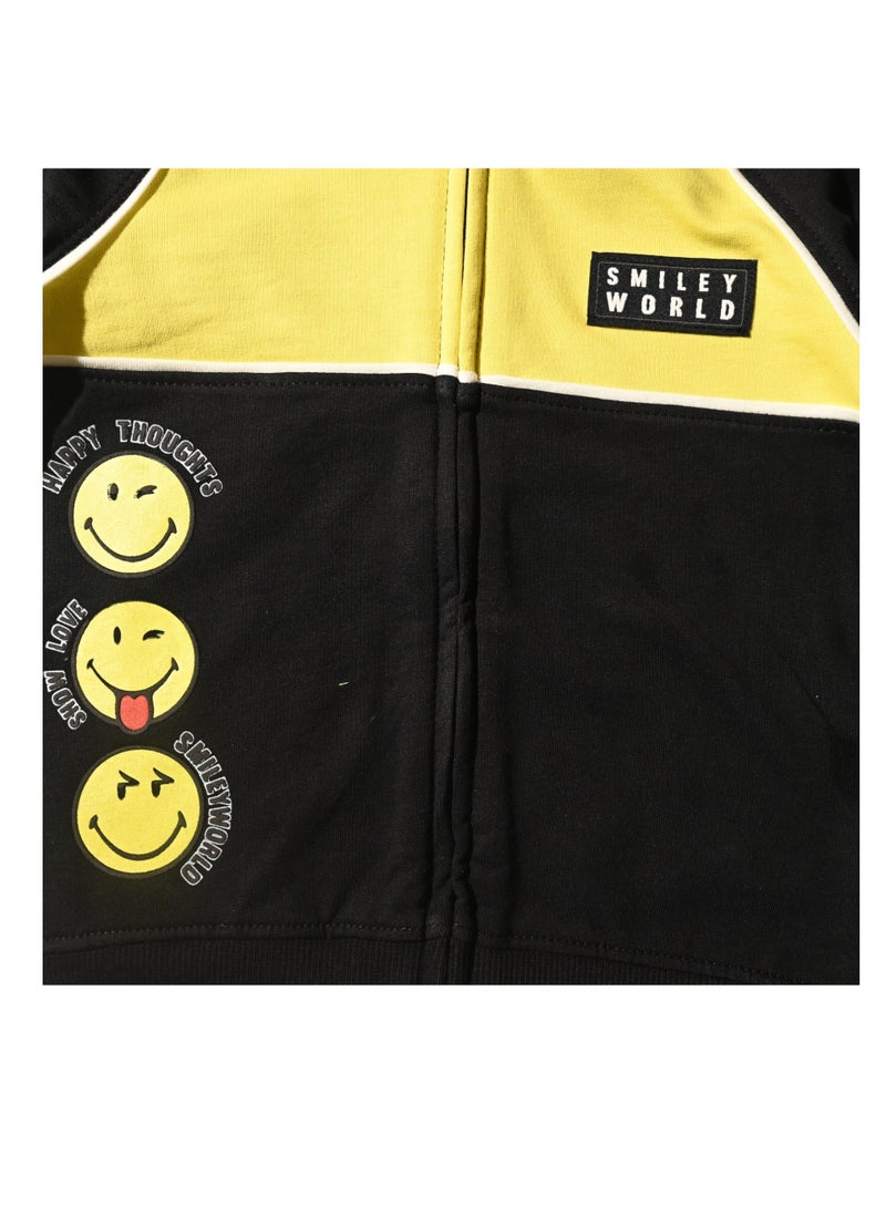Smiley World Black and Yellow Hooded Jacket, Zip-Up, Embroidered Smileys - Image 2