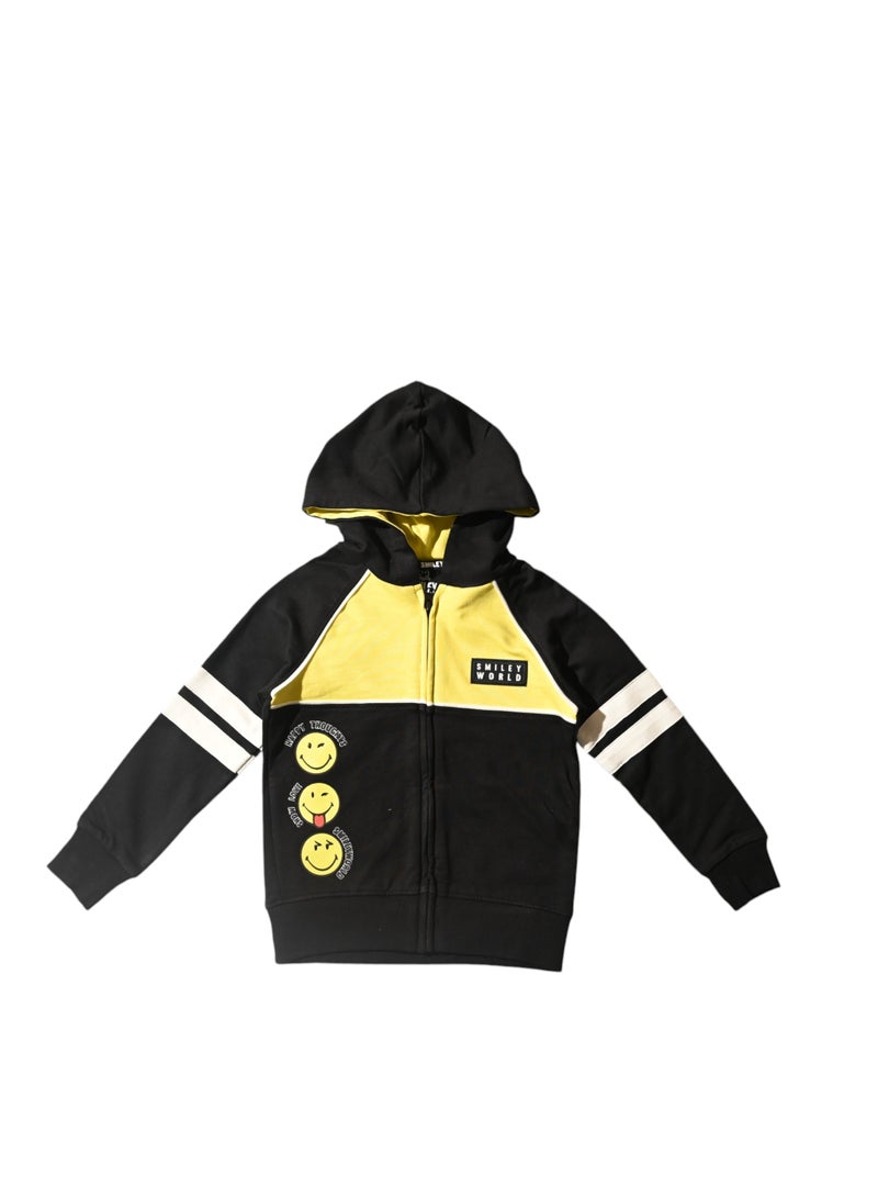 Smiley World Black and Yellow Hooded Jacket, Zip-Up, Embroidered Smileys - Image 1
