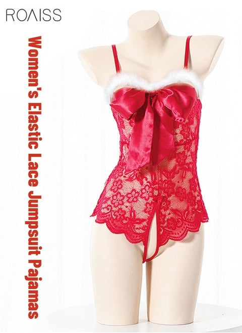 Women's Lace Patchwork Pajamas Lovely Bowknot and Fluffy Decoration on the Chest