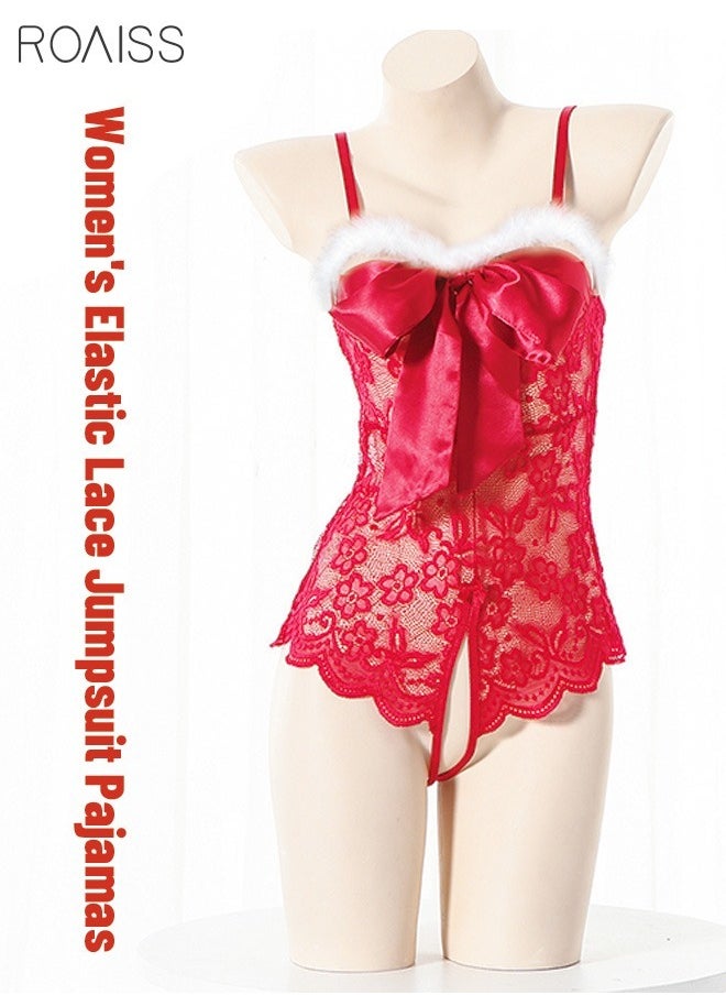 Women's Lace Patchwork Pajamas Lovely Bowknot and Fluffy Decoration on the Chest