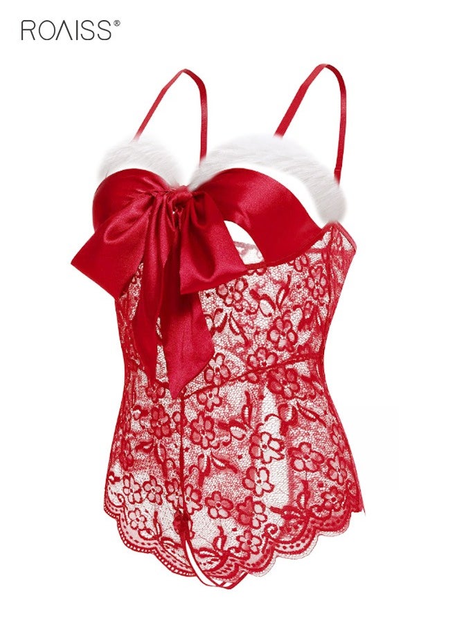 Women's Lace Patchwork Pajamas Lovely Bowknot and Fluffy Decoration on the Chest