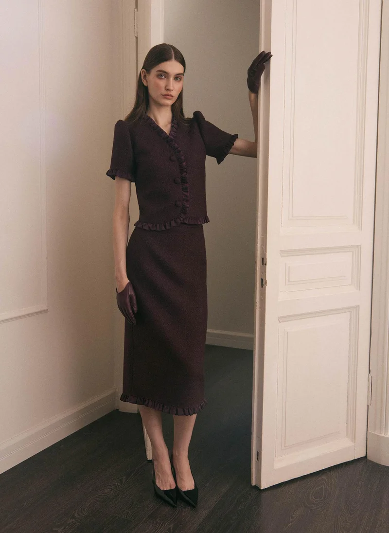 Lichi  Straight-cut tweed midi skirt with ruffles for Women | Best Price UAE