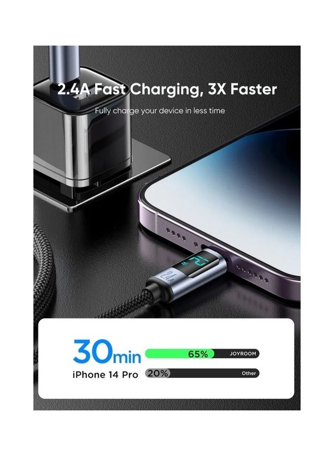 JOYROOM 2.4A Usb To Lightning Digital Display Fast Charging Cable High Density Quick Charge Compatible For Iphone 14 13 12 11 Pro Max Mini Xs X 8 7 6 5 Se Ipad 1.2 Meter Black - Image 2