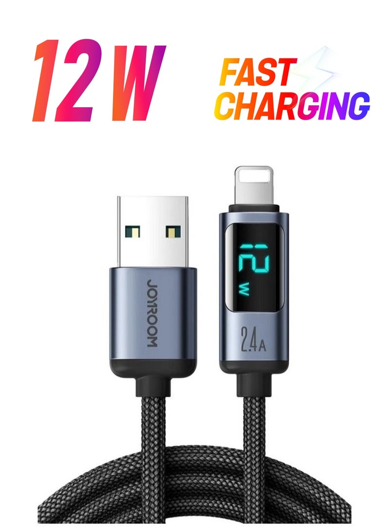 JOYROOM 2.4A Usb To Lightning Digital Display Fast Charging Cable High Density Quick Charge Compatible For Iphone 14 13 12 11 Pro Max Mini Xs X 8 7 6 5 Se Ipad 1.2 Meter Black - Image 1