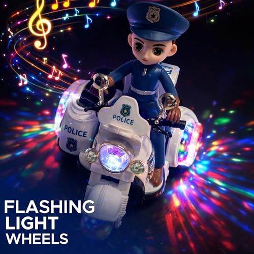 NHR Musical Police Bike Toy with 3D Flashing Lights and Siren Sounds, 360° Rotating Stunt Spin Bike, Police Bike Sound Toy, Battery-Operated Vehicle for Boys & Girls - Image 2