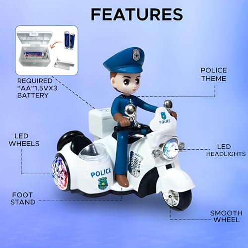 NHR Musical Police Bike Toy with 3D Flashing Lights and Siren Sounds, 360° Rotating Stunt Spin Bike, Police Bike Sound Toy, Battery-Operated Vehicle for Boys & Girls - Image 5