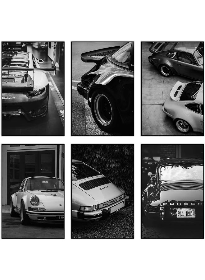 Home Trove SSLGLS100 Car Poster Wall Art Decor 911 Classic Vintage Posters, Black and White Print Painting Pictures For Men Living Room Bedroom Wall Aesthetics Decoration (6 Set, 12 x 18in Unframed)  - Image 1