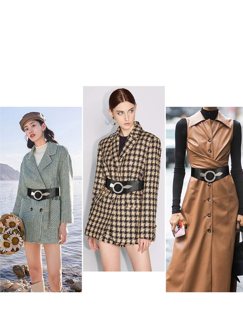 Vintage Wide Elastic Waist Belt for Women, Thick Stretch Interlock Buckle, Retro Leather Waistband for Dress Decoration, Perfect for Girls and Ladies in Black - Image 3