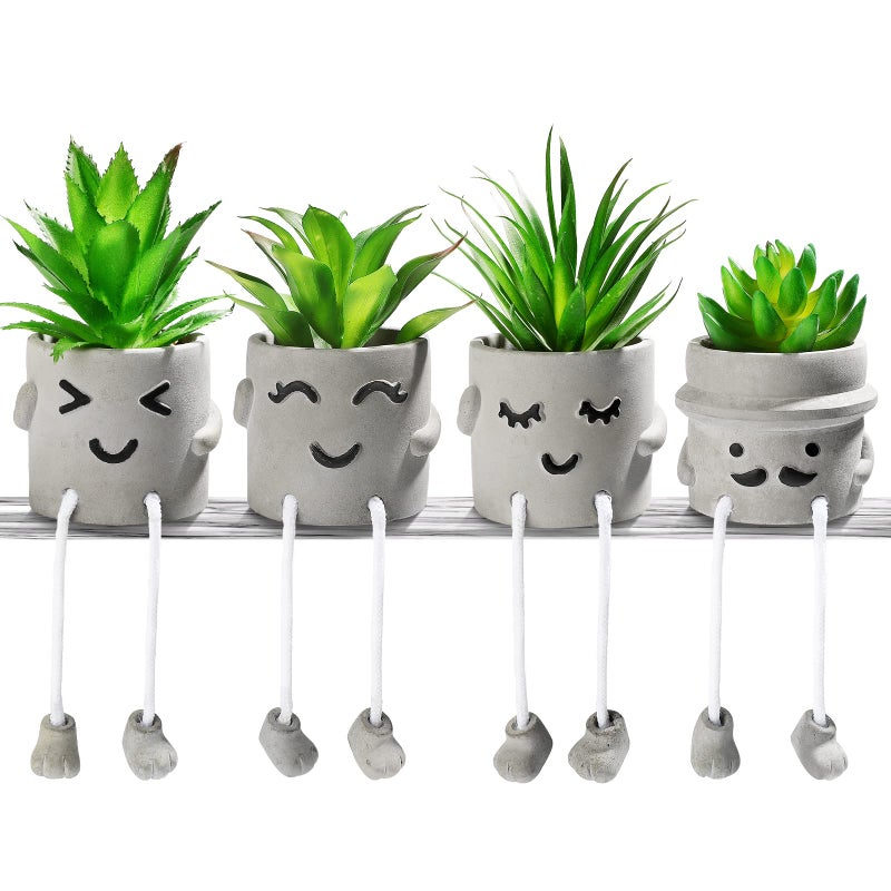 INFTYLE Creative Artificial Succulent Plants with Pots 4 Pieces Mini Fake Plant Faux Succulent Emotional Cement Potted for Home Desk Shelf Kitchen Bathroom and Offices Decor Gift Set4 PCS