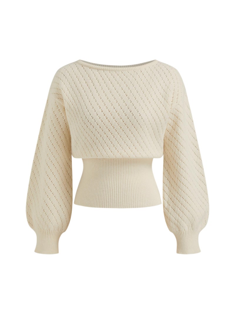 CIDER Women's One Shoulder Sweater Boat Neck Knit Sweater Lantern Sleeves for Women Knit Tops Winter 2026 Fall Beige - Image 1