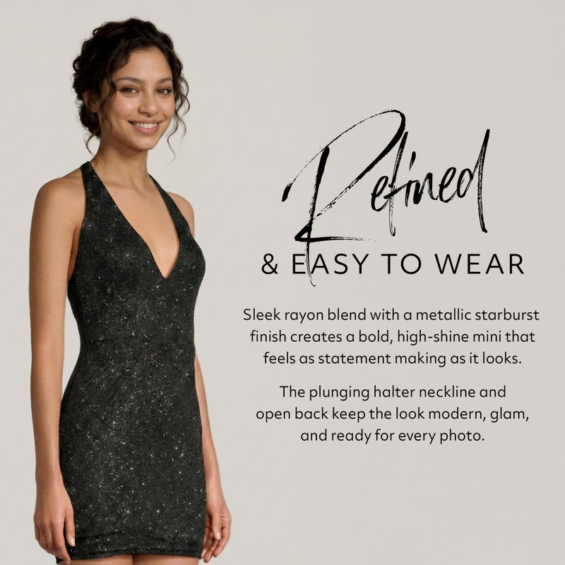 David's Bridal The Edit by DB Studio Plunging Halter Metallic Mini Dress, Sparkly Cocktail and Party Style for Women with Back Zipper for Wedding Guest and Night Out Wear, Womenâ€™s Size S - Image 4