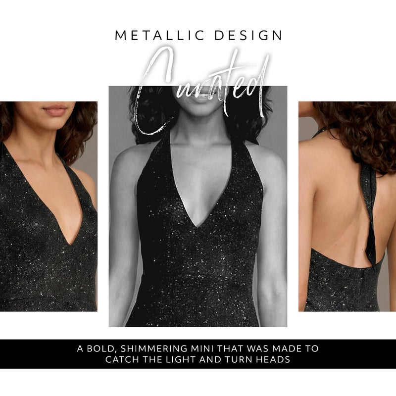 David's Bridal The Edit by DB Studio Plunging Halter Metallic Mini Dress, Sparkly Cocktail and Party Style for Women with Back Zipper for Wedding Guest and Night Out Wear, Womenâ€™s Size S - Image 3