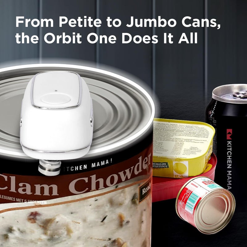 Kitchen Mama Orbit One Rechargeable Electric Can Opener: Hands-free, USB-C Charging, Automatic Stop, Smooth Edge, Safety, Blade for Large Cans, Heavy Duty, Soda and Pop Can, with Storage Box (White) - Image 4