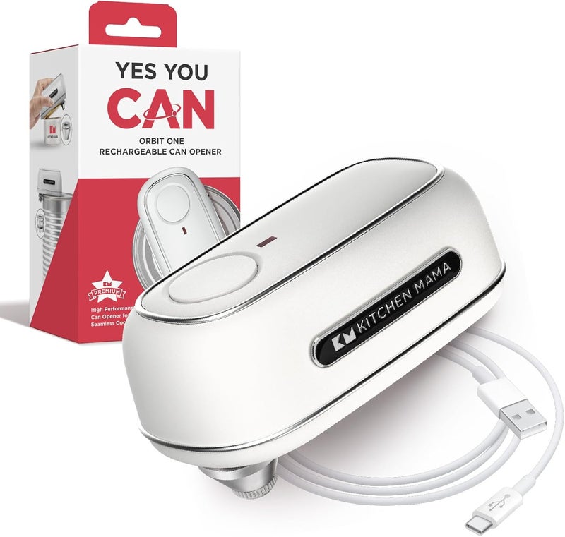 Kitchen Mama Orbit One Rechargeable Electric Can Opener: Hands-free, USB-C Charging, Automatic Stop, Smooth Edge, Safety, Blade for Large Cans, Heavy Duty, Soda and Pop Can, with Storage Box (White) - Image 1