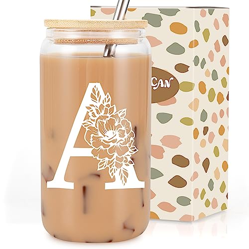 Coolife Initial Glass Cup, Monogrammed Gifts for Women, 16oz Glass Cups w/Lids Straws, Iced Coffee Smoothie Beer Tumbler w/Straw Lid, Personalized Mothers Day, Birthday Gifts for Woman Mom Friend Her - Image 1
