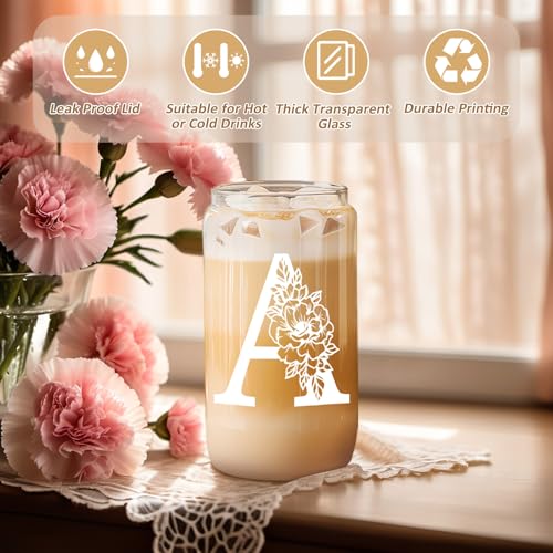 Coolife Initial Glass Cup, Monogrammed Gifts for Women, 16oz Glass Cups w/Lids Straws, Iced Coffee Smoothie Beer Tumbler w/Straw Lid, Personalized Mothers Day, Birthday Gifts for Woman Mom Friend Her - Image 2